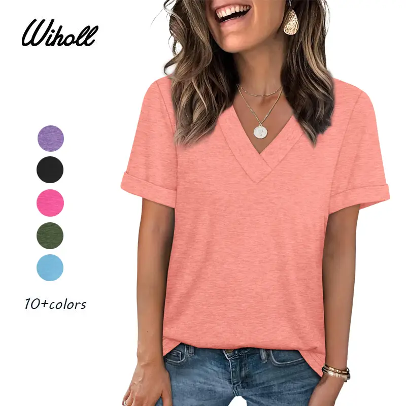 WIHOLL Womens Summer Tops Short Sleeve Basic Casual V Neck T Shirts Trendy Fashion 2025