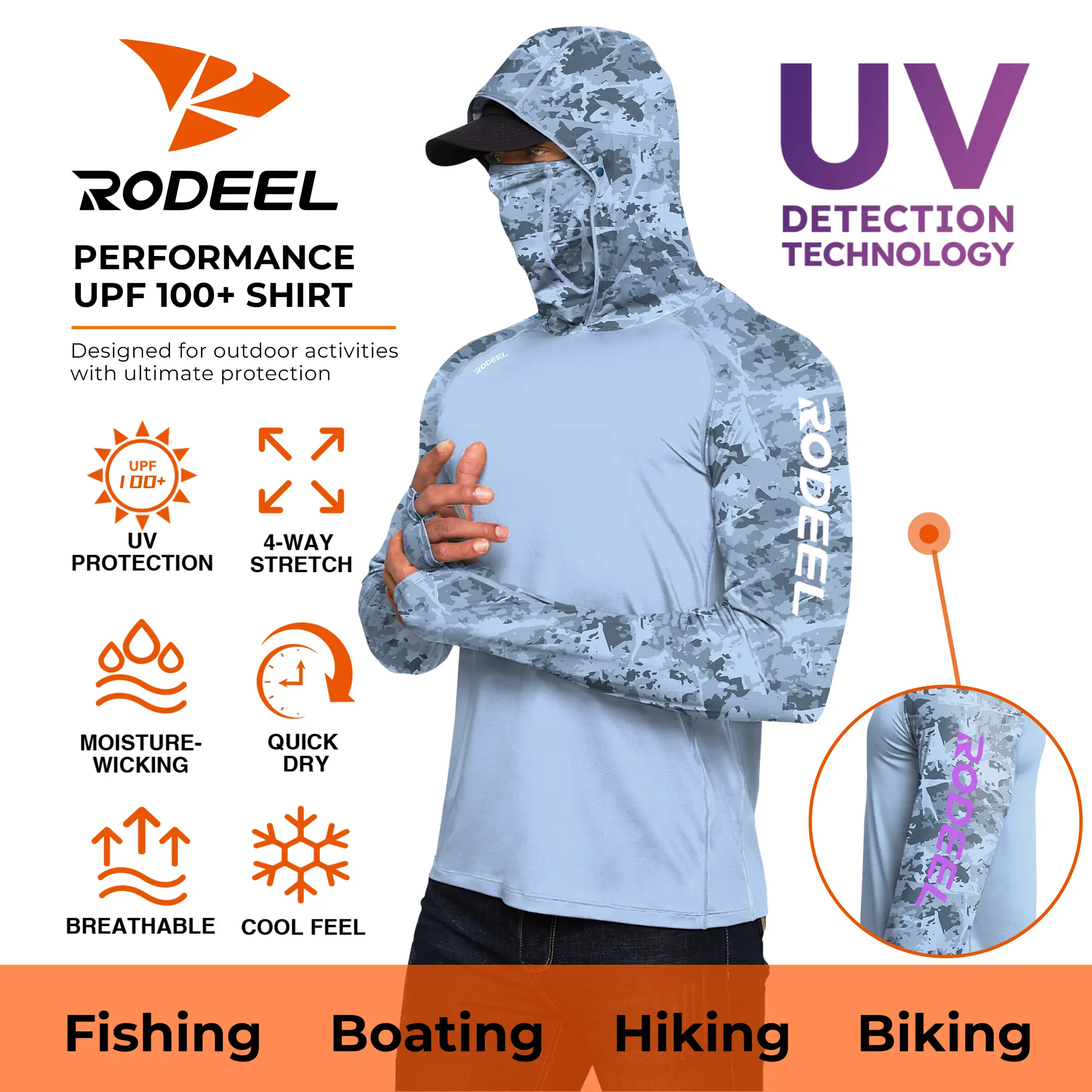 【RODEEL】RIIIPO 934 Sun Hoodie Shirts w/ UV Detection Mask Neck Gaiter Thumbhole Men UPF 100+ Sun Protection Long Sleeve Lightweight Quick Dry Moisture