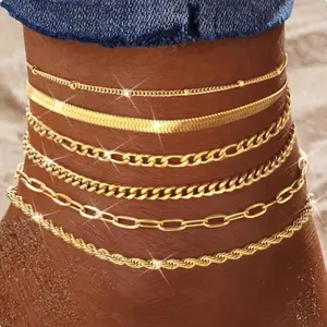 Milacolato Women's 6-Piece Anklets Set, 14 Karat Plated Gold/Silver Waterproof Hypoallergenic Adjustable Layering Snake Tennis Figaro Chains, Beach Ankle Jewelry Gifts for Women, Anklets For Women summerwins