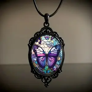 2pcs/set Fashion Elegant Sun And Moon Pattern Black Frame Glass Necklace Romantic Gift Jewelry Butterfly Pendant Jewellery Charms