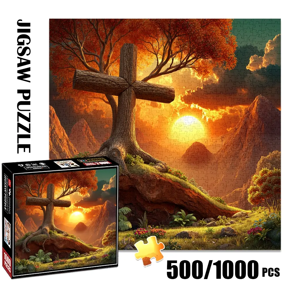 1pc 1000 piece adult puzzle 58x58cm Cross on a Tree with Mountain and Sunset Landscape 500 pieces paper jigsaw puzzle suitable for DIY creative games for adults and families, birthday and holiday s