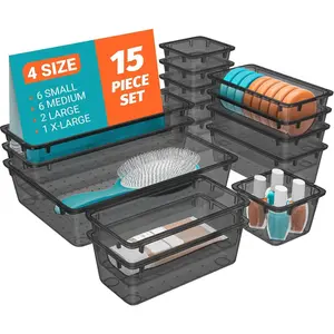 15 PCS Clear Plastic Drawer Organizer Set, 4-Size Acrylic Drawer Storage Trays, Storage Bins for Makeup, Gadgets and Jewelry in Bathroom, Bedroom and Office, Clear Black