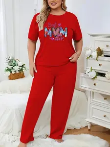 Plus Size Women's Cartoon Print Round Neck Short Sleeve T-Shirt Tee with Pocket Wide Leg Pants Set for Spring & Summer, Elegant Fitted Style