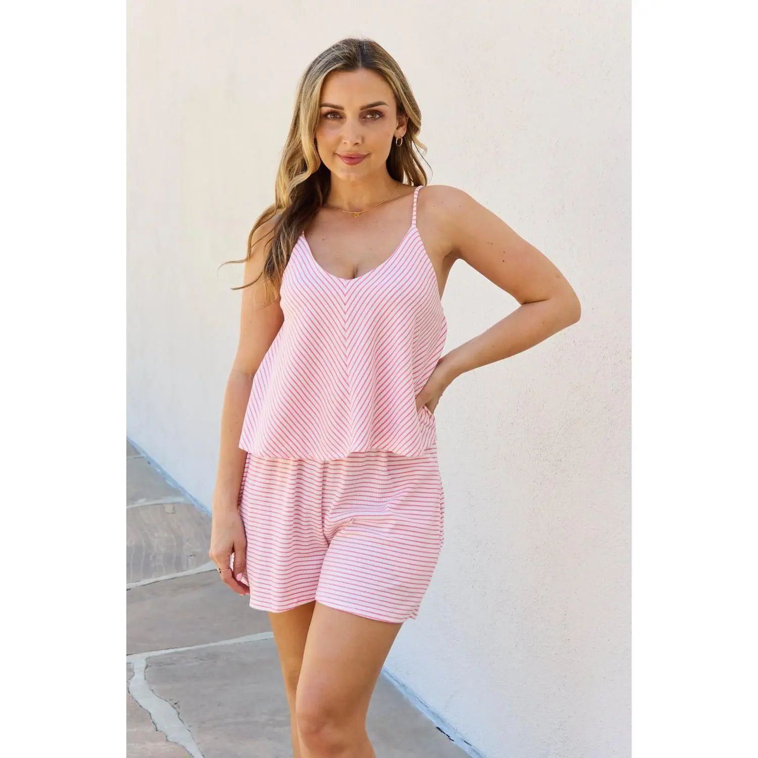 Culture Code Let It Happen Full Size Double Flare Striped Romper in Pink