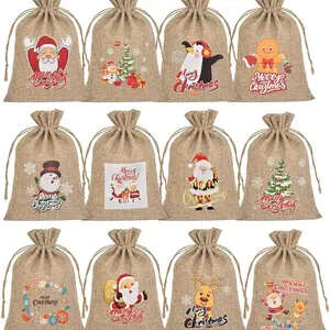 Christmas Small Burlap Bags with Drawstring, Burlap Gift Bags Christmas Linen Treat Sacks Gift Wrapping Bags Xmas Holiday Party Favors Bags(7x5 inch, 24 Pcs)