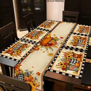 2D flat printing, 1 piece/4 pieces/6 pieces/8 pieces/5 pieces set/7 pieces set, autumn Thanksgiving harvest flower pattern table flag and placemat set, holiday table decoration, suitable for indoor and outdoor gatherings, daily family use