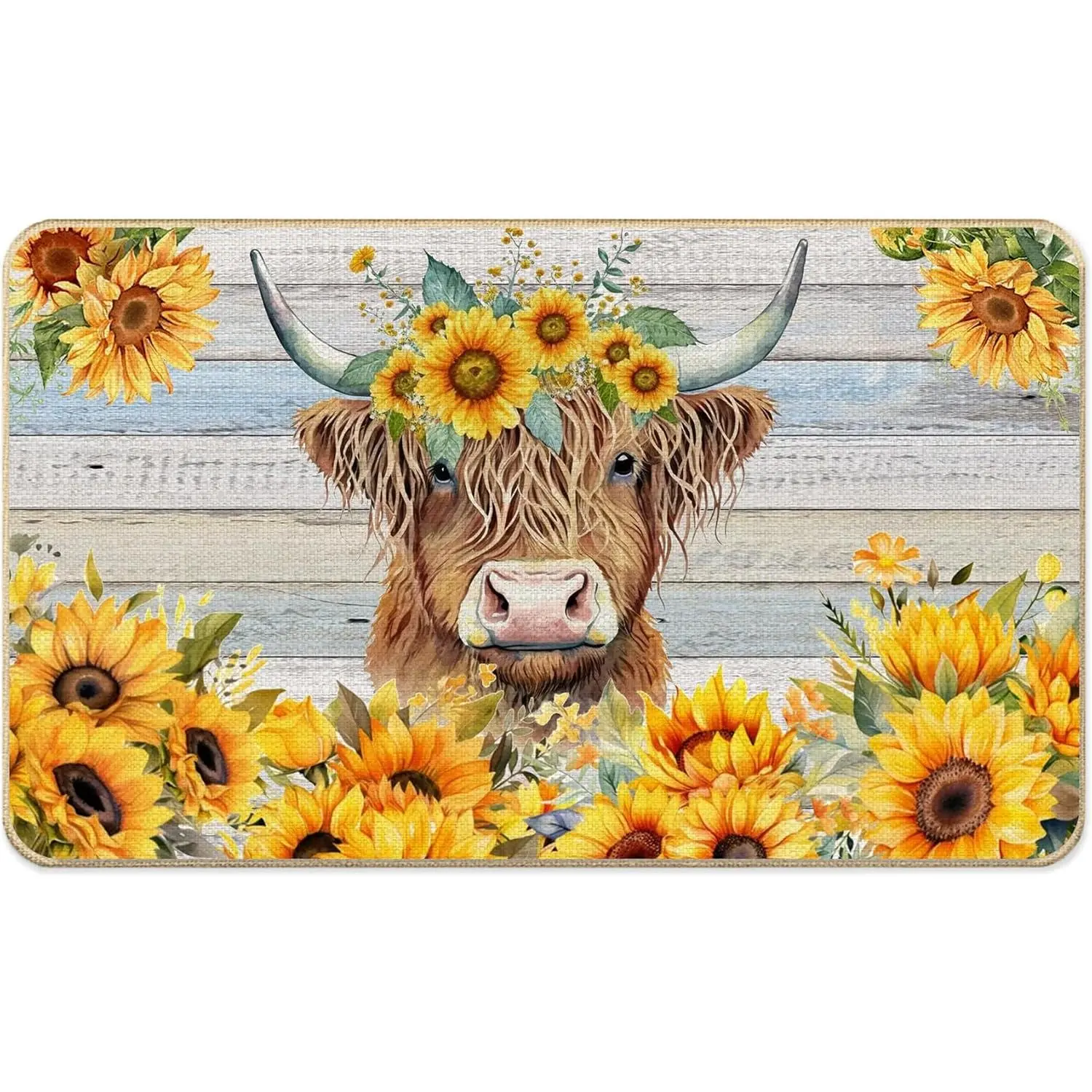 Sunflower Highland Cow Faux Linen Door Mat, Farmhouse Highland Cattle Sunflower Doormat Outdoor Indoor Entrance Porch, Rustic Floral Cow Welcome Mats for Front Door, 17x30 Inch