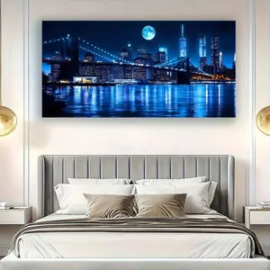 Canvas Painting Flat Modern Abstract Brooklyn Bridge and Manhattan Skyline Night Print Art Wall Art Wrapped in Canvas for Office and Home Decor