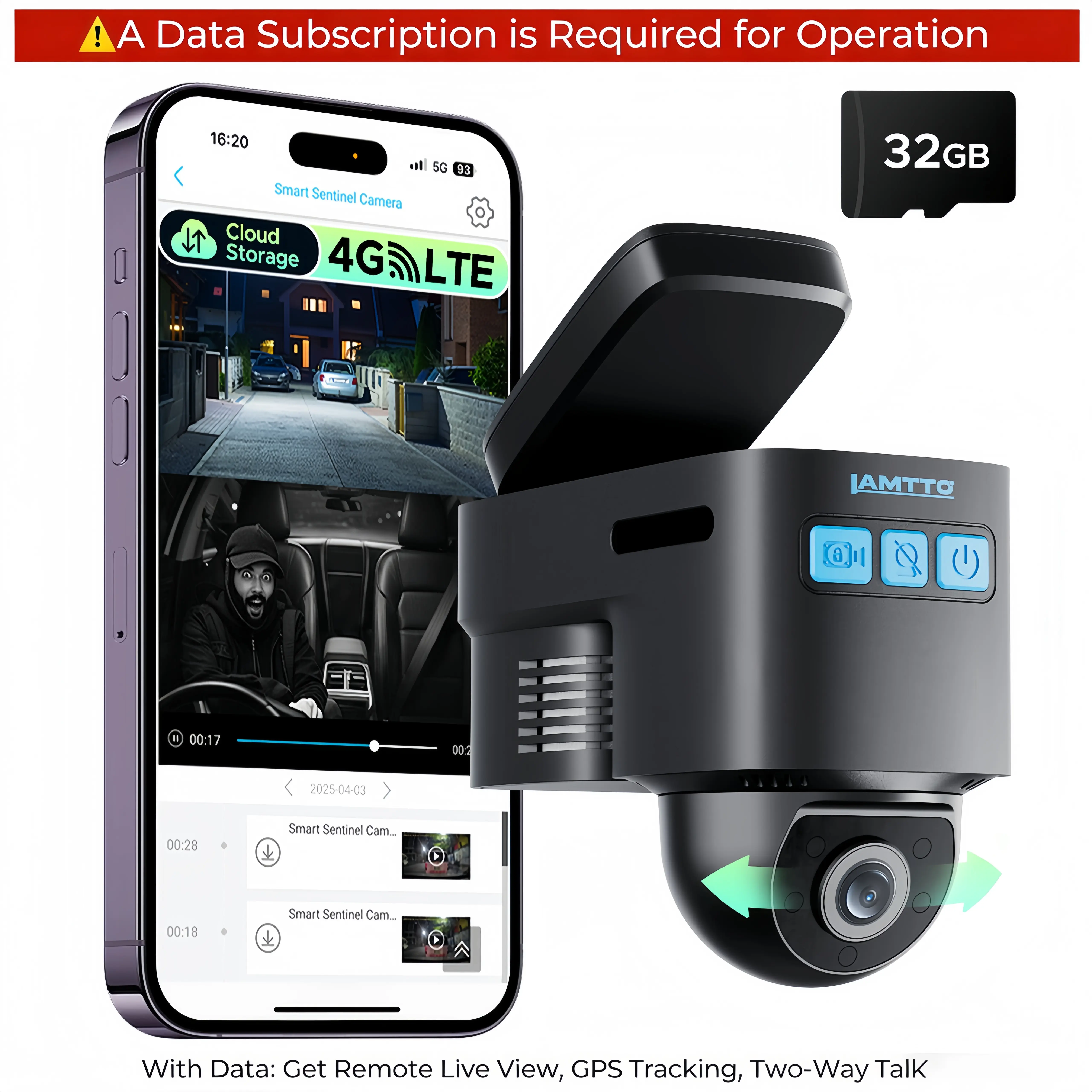 【CELLULAR SERVICE REQUIRED】LAMTTO 4G LTE Dash Cam Car Security Camera for 24/7 Live View & Real-Time Phone Alerts, 7-Day Free Trial Then $0.41/Day, GPS Tracking & Parking Monitor Cellular Dashcams For Cars Car Dvr