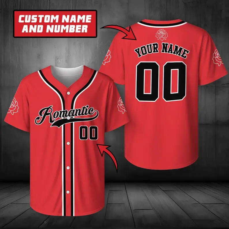 Romantic Concert Baseball Jersey, Custom Name Number Red Rose Jersey, Music Fan Button Down Shirt, Festival Outfit