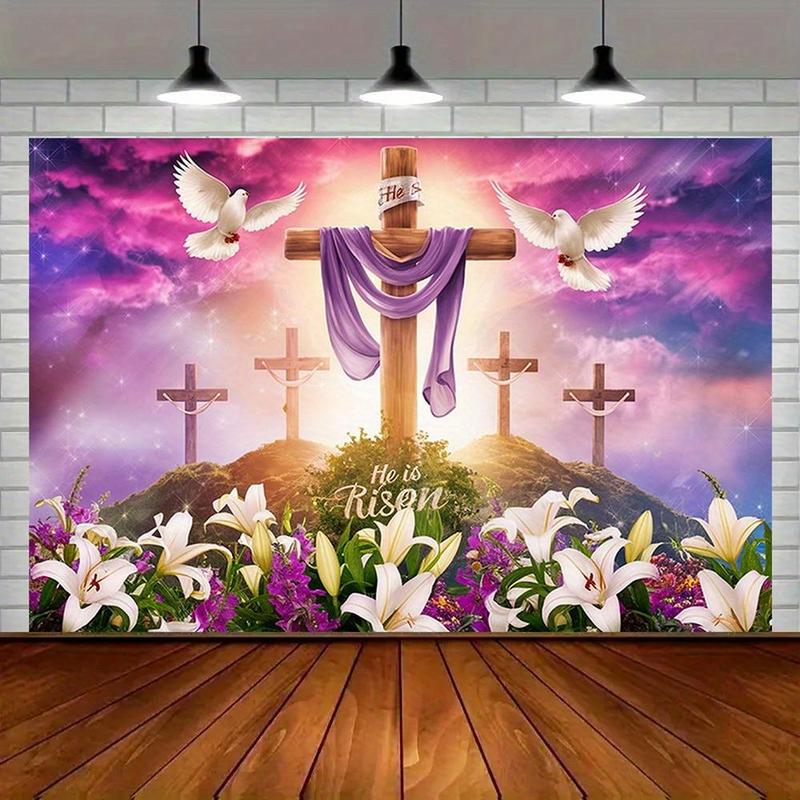 Modern Farmhouse 1pc Easter Celebration Amber Glow Polyester Banner - Vibrant "He Is Risen" Cross Design with Lilies, Doves & Stars, Perfect for Home, Room, Wall, and Party Decorations
