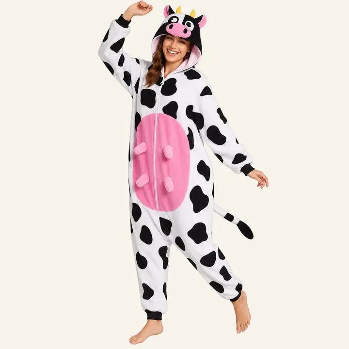 Women's Plush Polyester Colorful Cow Kigurumi Costume Onesie - Casual Zipper Hooded Loungewear Sleepwear, Black
