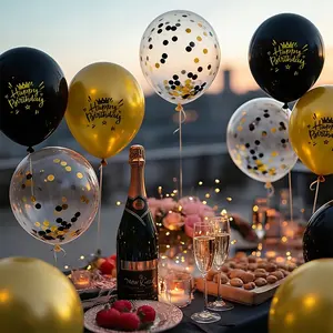 24PCS 12 inch Happy Birthday printed latex balloons, black and gold transparent balloons with black and yellow glitter, are perfect decorations for birthday parties and anniversaries
