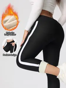 Women's High Waist Fleece Lined Sport Pants, Striped Pocket Tight Fit, Fall Winter Elastic Warm Yoga Pants, Fitness and Gym Wear, Skinny Yoga Bottoms