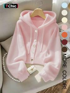 autumn winter new hooded knit cardigan, high-end macaron color design, unique stylish single button coat, trendy women's knitted outerwear