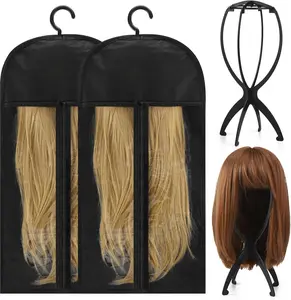 Wig Storage Bags with Wig Stand Set, Travel Wig Holder and Hat Display Stand for Wigs, Portable Wig Organizer for Home and Salon Use, Black, 2 Pack