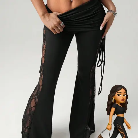Women's Lace Side Stripe Beach Vacation Flared Pants, Bell Bottom Pants, Casual Bohemian Trousers, Sexy Waist Drawstring Adjustable Flare Leggings, Casual Slim-Fit All Season Wear Womenswear Aesthetic, Casual Chic Trousers, Fashion Bottoms