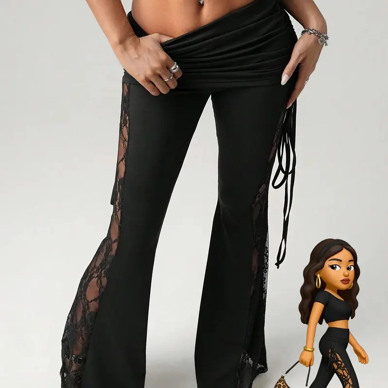 Women's Lace Side Stripe Beach Vacation Flared Pants, Bell Bottom Pants, Casual Bohemian Trousers, Sexy Waist Drawstring Adjustable Flare Leggings, Casual Slim-Fit All Season Wear Womenswear Aesthetic, Casual Chic Trousers, Fashion Bottoms