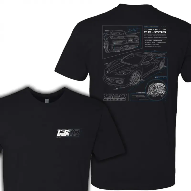Men’s 180g 100% Cotton Short Sleeve T-Shirt, Corvette C8 Z06 Blueprint Graphic Tee, 1320 Video Design, Breathable Casual Sports Top, Gift for Car Enthusiasts & Mechanics