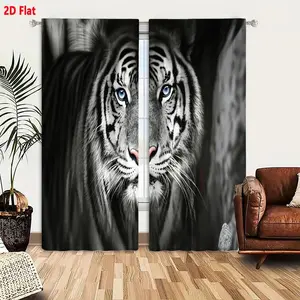 2D Flat  2 - Piece Black - White Striped Tiger Curtain Set with Blue Eyes, Pink Nose, and Whiskers Detail, Dark Blurred Background Design, Majestic Dramatic Blackout Curtains for Living Room Bedroom, Monochromatic Animal Print Decor