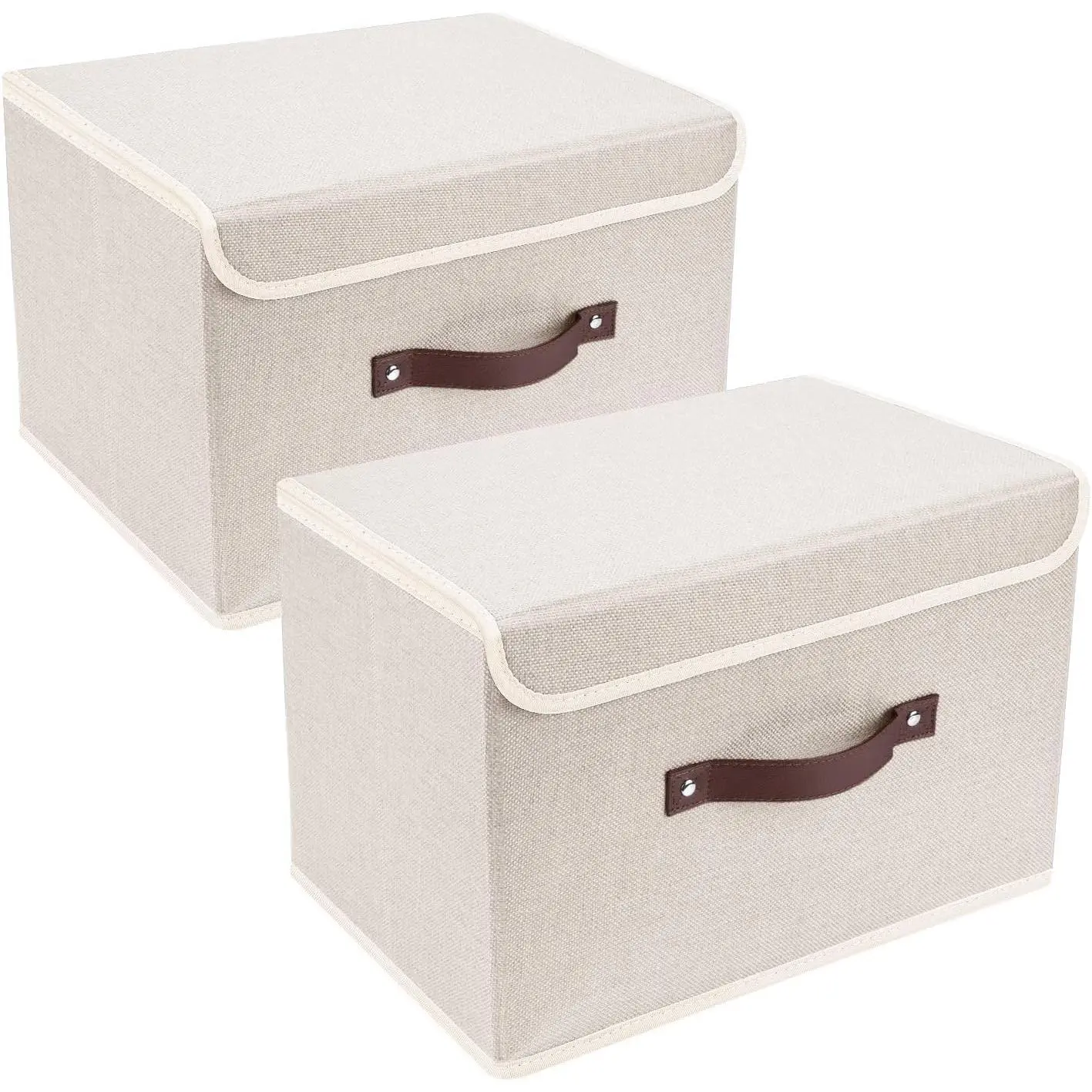 Collapsible Storage Boxes, Washable Fabric Storage Bins with Lids, 14.9x9.8x9.8 inches, 2 Pack, Beige Organiser Grey
