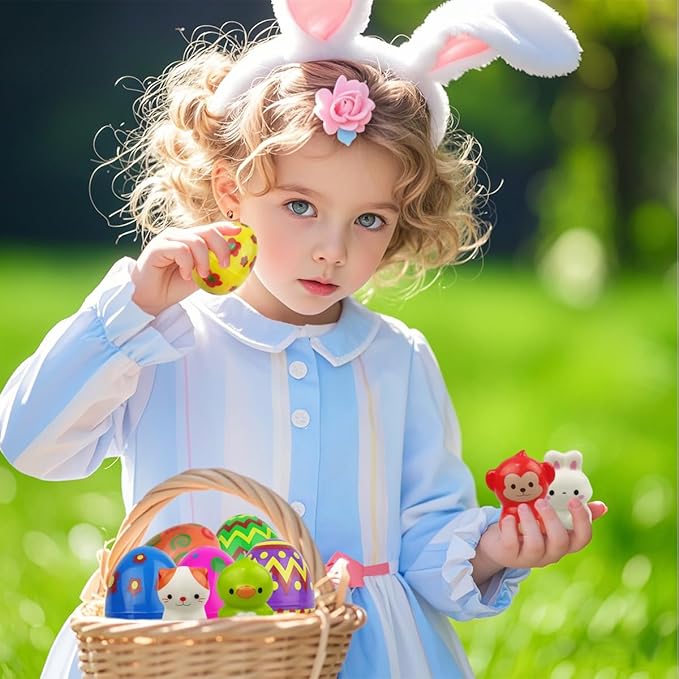 24 Pack Prefilled Easter Eggs with Squishy Animal Toys Inside – Slow Rising Mochi Squeeze Stress Relief Toys for Kids Boys & Girls, Easter Basket Stuffers, Egg Hunt , Party Favors, Classroom Gifts