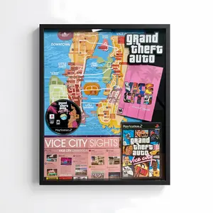 Framed GTA: Vice City PS2 Shadowbox – Authentic Game Disc, Map, CD Booklet & 3D Logo – Gamer Wall Art, Gamer Gift, Room Decor
