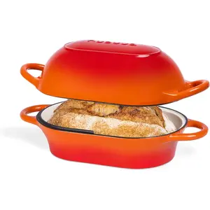 Dutch Oven For Sourdough Bread Baking - Enamelled Cast Iron Bread Loaf Pot - Oven Safe Non Stick Bread Pot - Rectangular, Orange, 24cm x 16cm - by