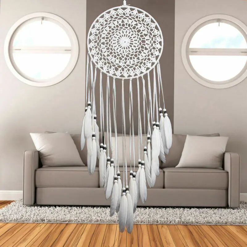 DIY Large Handmade Dream Catcher Feathers Hanging Dreamcatcher Wall Decor Home White
