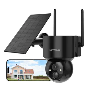 FAMVIVA 2K Wireless Outdoor Solar Security Cameras (2-Pack, Black) - 360° PTZ Battery-Powered Home Cameras, 2.4G WiFi, Color Night Vision, IP66 Waterproof, Motion Sensor Alarm