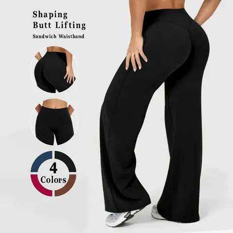 Women's High Waist Wide-Leg Butt Lifting Yoga Pants - Shaping Wide-Leg Cut Pants with Soft Stretch, Pockets, All-Season Regular Fit, 2026 New Collection Casual Outfits