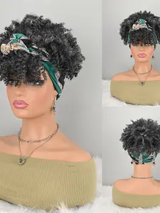 Curly Wig with Chain Print Headwrap, Synthetic Hair, Medium Length, Easy Wear Turban Style, All Seasons, Natural Looking Wig
