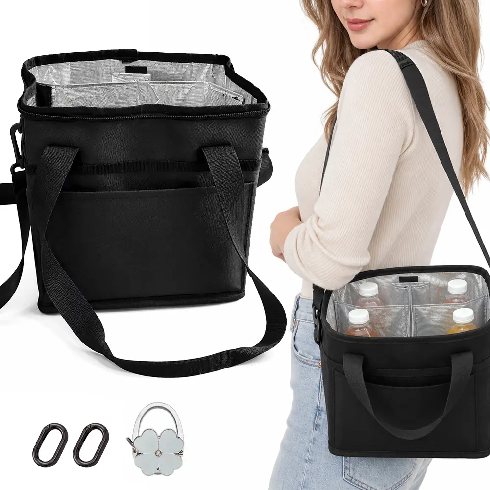4Pcs Black Multi-Compartment Insulated Drink Carrier Bags, Oxford Foldable Beverage Totes with Hook and Carabiner, Adjustable Strap Portable Tumbler Caddies, Reusable Keeps Drinks Fresh for Coffee Delivery Travel