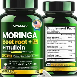 Moringa Capsules, Beet Root, Mullein Leaf - Energy, Skin, Immune Supplement Superfood, Rich in Antioxidants, Minerals & Essential Vitamins - High Absorption Non-GMO - Made in USA - 60ct