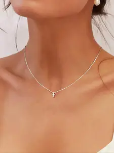 Elegant Silver Color Cross Necklace for Women, Simple Yet Stylish Daily Wear Jewelry, Perfect Gift for Christian Ladies