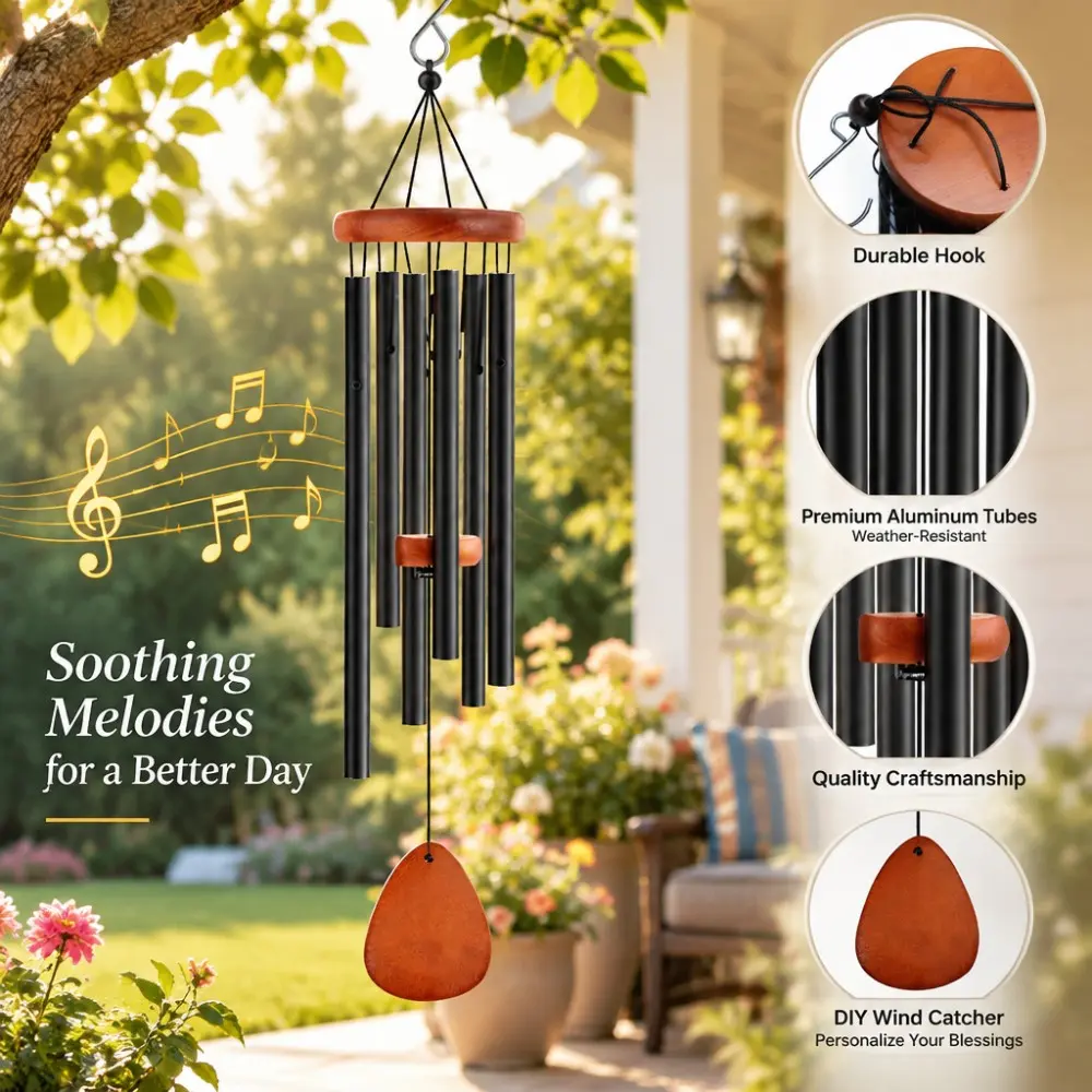 1pc Aluminum Wind Chimes 66cm/25.98inches, Classic Black, No Electricity Needed, Wind Catcher for Outdoor, Garden, Patio Decoration, Zen Atmosphere, Unisex Gift