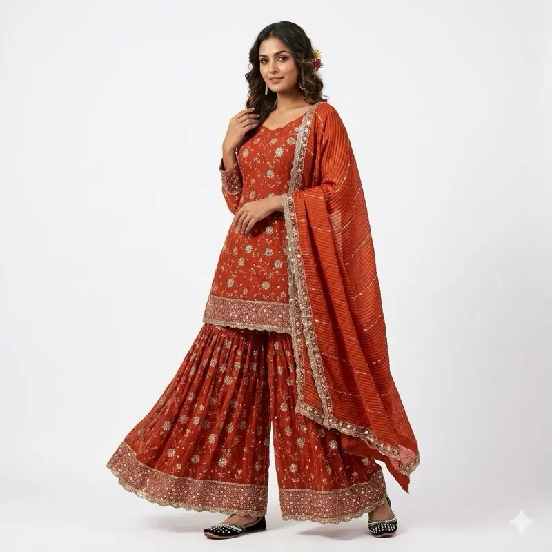 Women's Embellished Panjabi Suit, Hot Orange 2-Piece Indian Outfit with Top and Bottoms, Multi-Size for an Authentic Indian Look, Lady, Long Sleeves, Vermilion