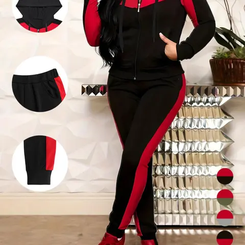 Two-Piece Set Women's Colorblock Zip Up Drawstring Hooded Jacket & Elastic Waist Pants, Casual Lounge Set, Casual Everyday Set, Casual Long Sleeve Hooded Outerwear & Pocket Trousers for Fall & Winter, Women's Clothes for Daily Wear