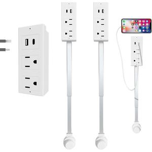 Adjustable Rotating Extension Adapter Socket Extender - 17"-27" Extendable Plug, 2 AC Outlets, USB-A/USB-C Ports, 180° Swivel, Flexible & Adjustable Multi-Port Charging Hub Socket, Ideal for Behind Couches & Nightstands, Electrical Accessory (1 Count), Ex