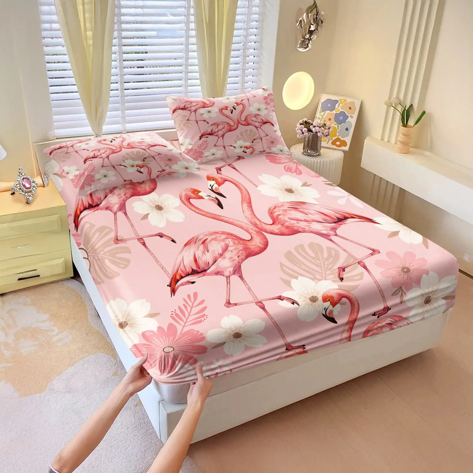 3Pcs Pink Flamingo Floral Print Fitted Sheet Set(1-2 Pillowcases) Floral Bed Sheets Bedding Set, High Elastic Snug Anti-Slip Design, Wear Resistant Wrinkle Resistant Skin-Friendly Fabric, Ideal Fashion Home Gift
