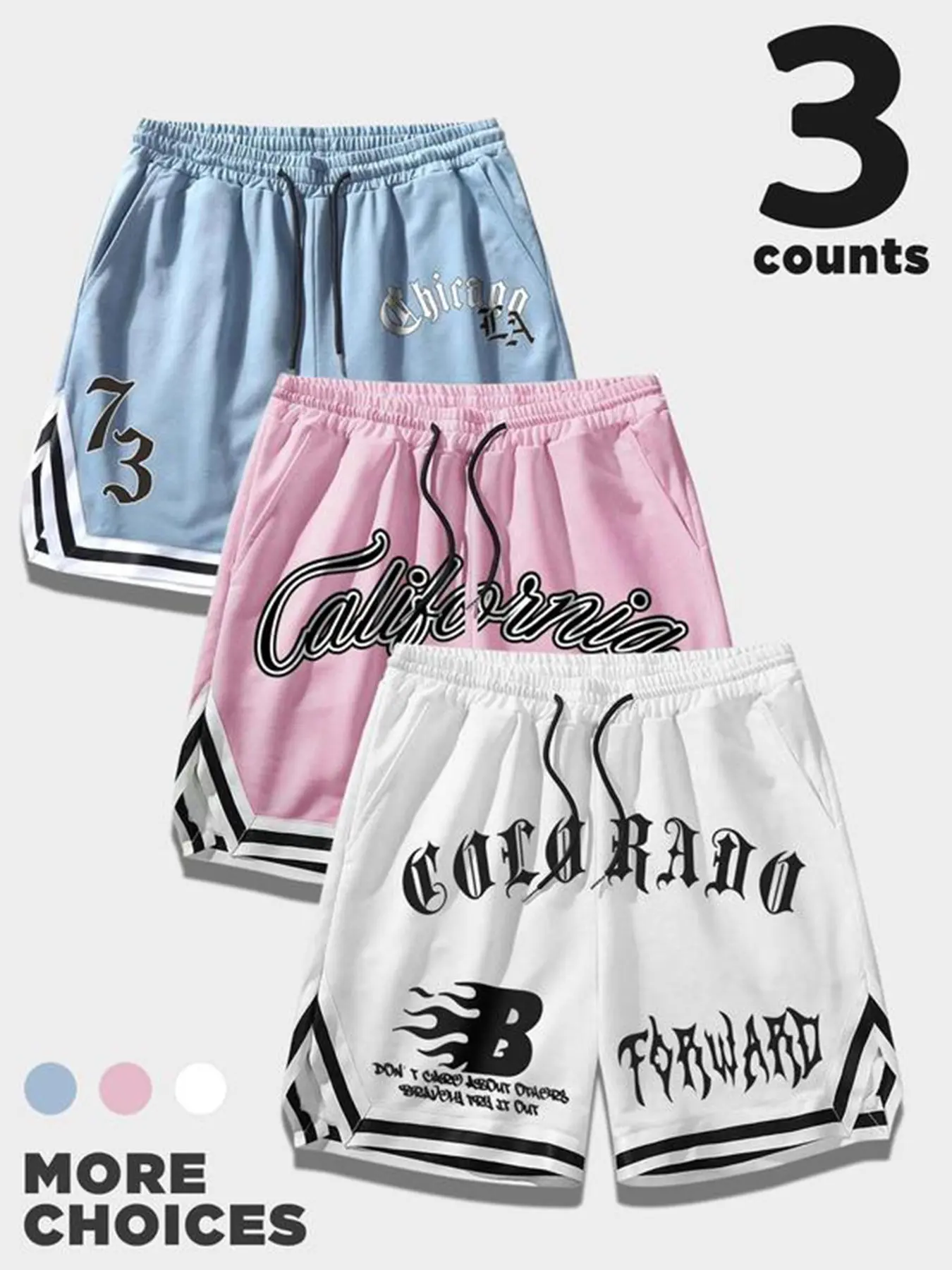 Vintage City Typography Shorts | 3-Pack Chicago/California/Colorado Print Sporty Shorts | Breathable Fabric Streetwear – Perfect for Urban Hangouts / Beach Trips