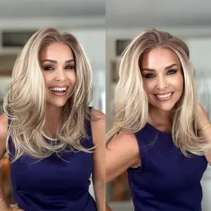 A63 by AISOM Warm Blonde Highlights Layered Straight Free Part Synthetic Lace Front Wig for Women 17 Inches Heat Friendly Natural Hairline Daily Use Wig