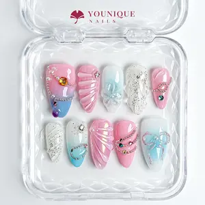 Younique Nails 2025 Pink Girly Almond Nails 10PCS 100% Handmade Press-On Nails Reusable with Poly Extension Gel White Pearlescent Shimmer Sparkly Studded Rhinestone
