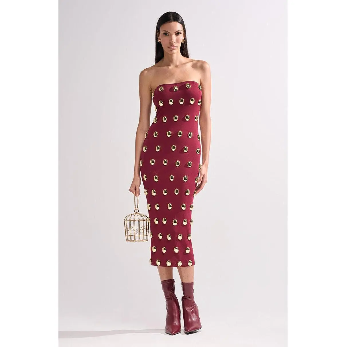 TIME AFTER TIME MIDI DRESS WITH METAL DETAILING IN BURGUNDY - TikTok Shop