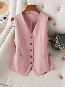 Women's Solid Button Front Vest Blazer, Elegant Casual Fashion Sleeveless Waistcoat for Work Office Business, Ladies Spring & Fall Clothes