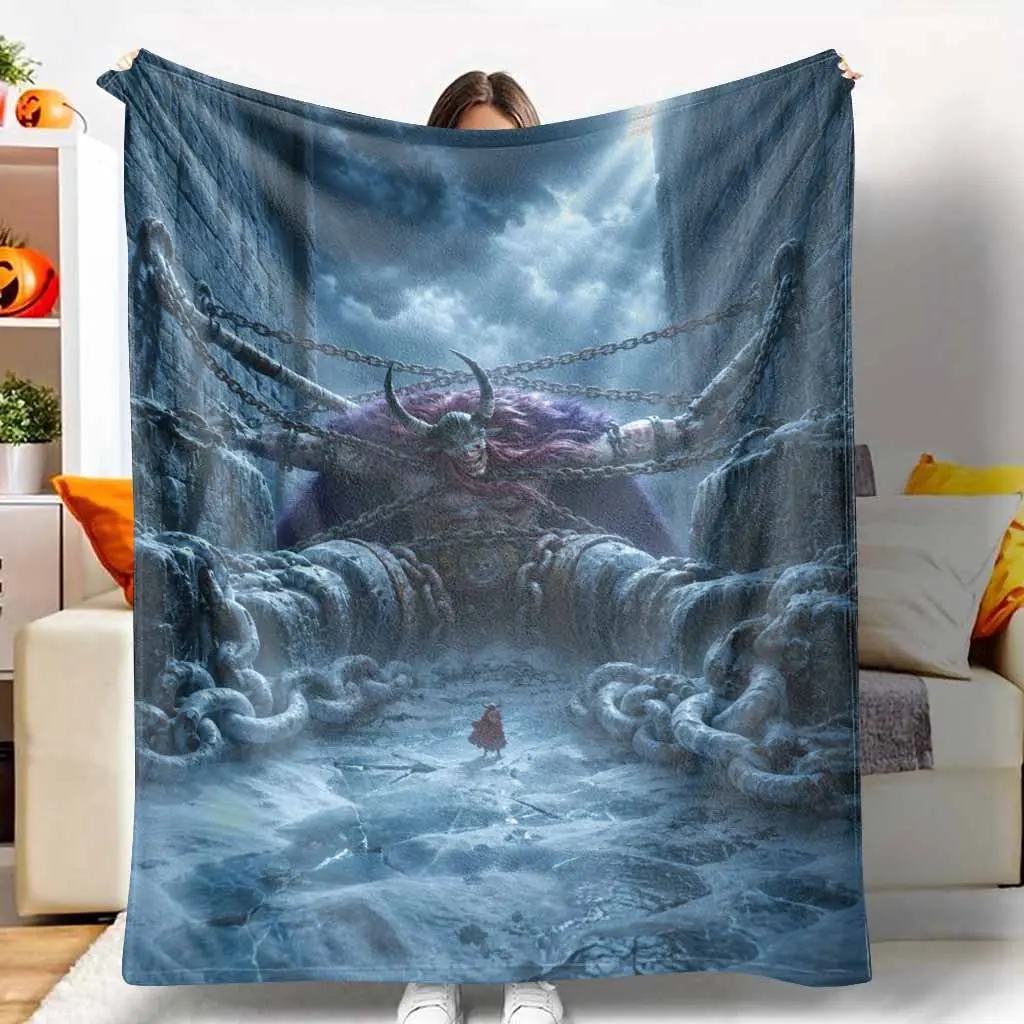 Dark Fantasy Giant Warrior Flannel Blanket Chained Titan Print Soft Plush Lightweight Warmth Durable Bedding Throw For Cozy Living Room Bedroom Sofa Camping Travel Gifts