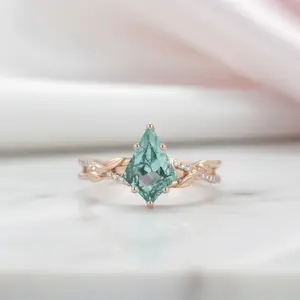 Kite Shaped Moss Green Agate Twisted Engagement Ring