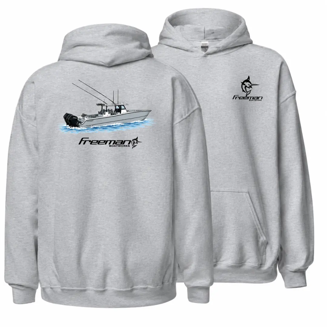 Freeman Boatworks 47 Hoodie, Offshore Fishing Boat Graphic Pullover, Soft Cotton Apparel, Deep Sea Angler Hoodie for Men & Women, Boat Lover Gift