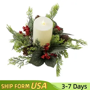 3PCS Christmas Candle Rings Wreaths, Christmas Candle Holder Pillar Candle Ring Artificial Berry Pine Branch Candlestick Garland for Table Decoration Wall decoration, wall mounted