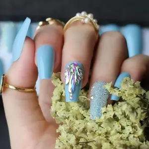 Press On Nails Medium Coffin Blue Fake Nails Luxury Nails with Bling Diamond Caviar Acrylic Nails 24PCS Glossy Full Cover False Nails For Women and Girls